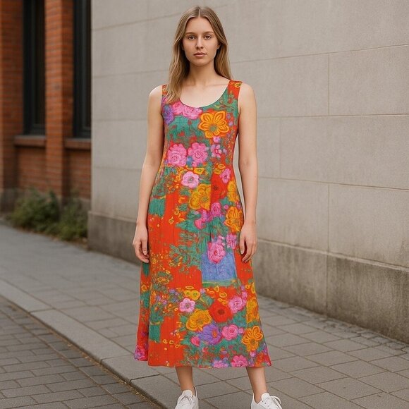 Jams World Red Tropical Floral Dress Sleeveless Pockets Summer Resort Medium - Picture 1 of 9